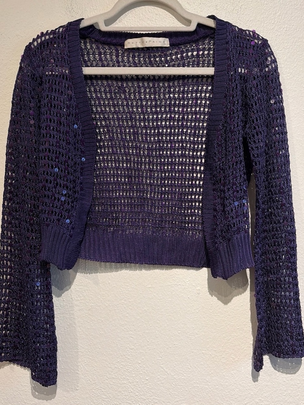Bettie Page Vintage Inspired Cropped Open-Knit Sequined Cardigan in Purple - Picture 8 of 8